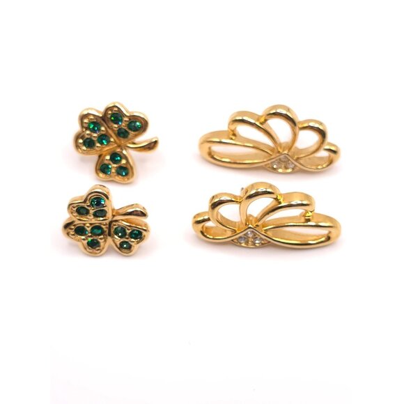 2 Pairs Elegant Gold-Tone & Rhinestone Butterfly & Shamrock Earrings Set - Picture 2 of 13